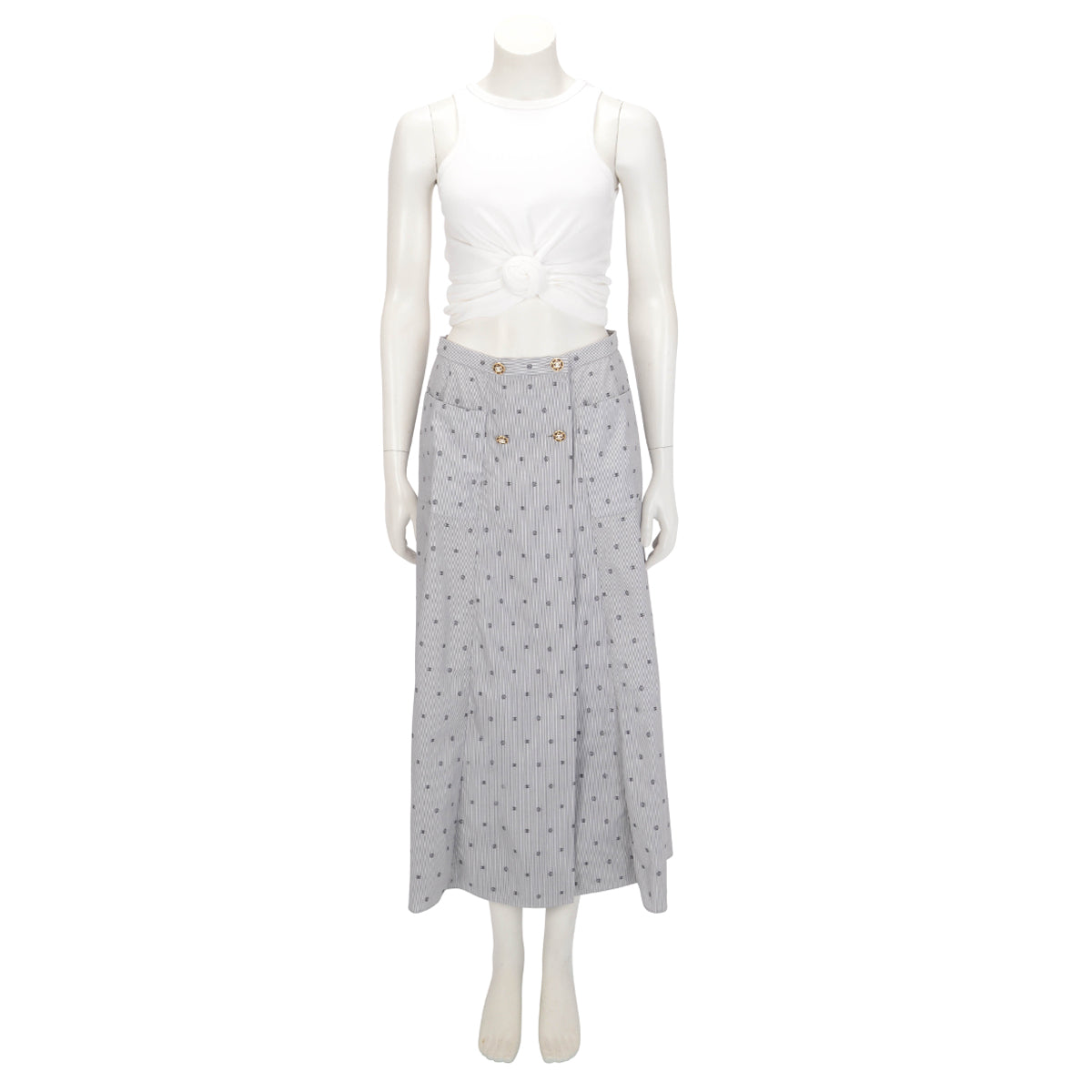 Chanel Blue Cotton CC Camelia Pinstripe Wrap Skirt