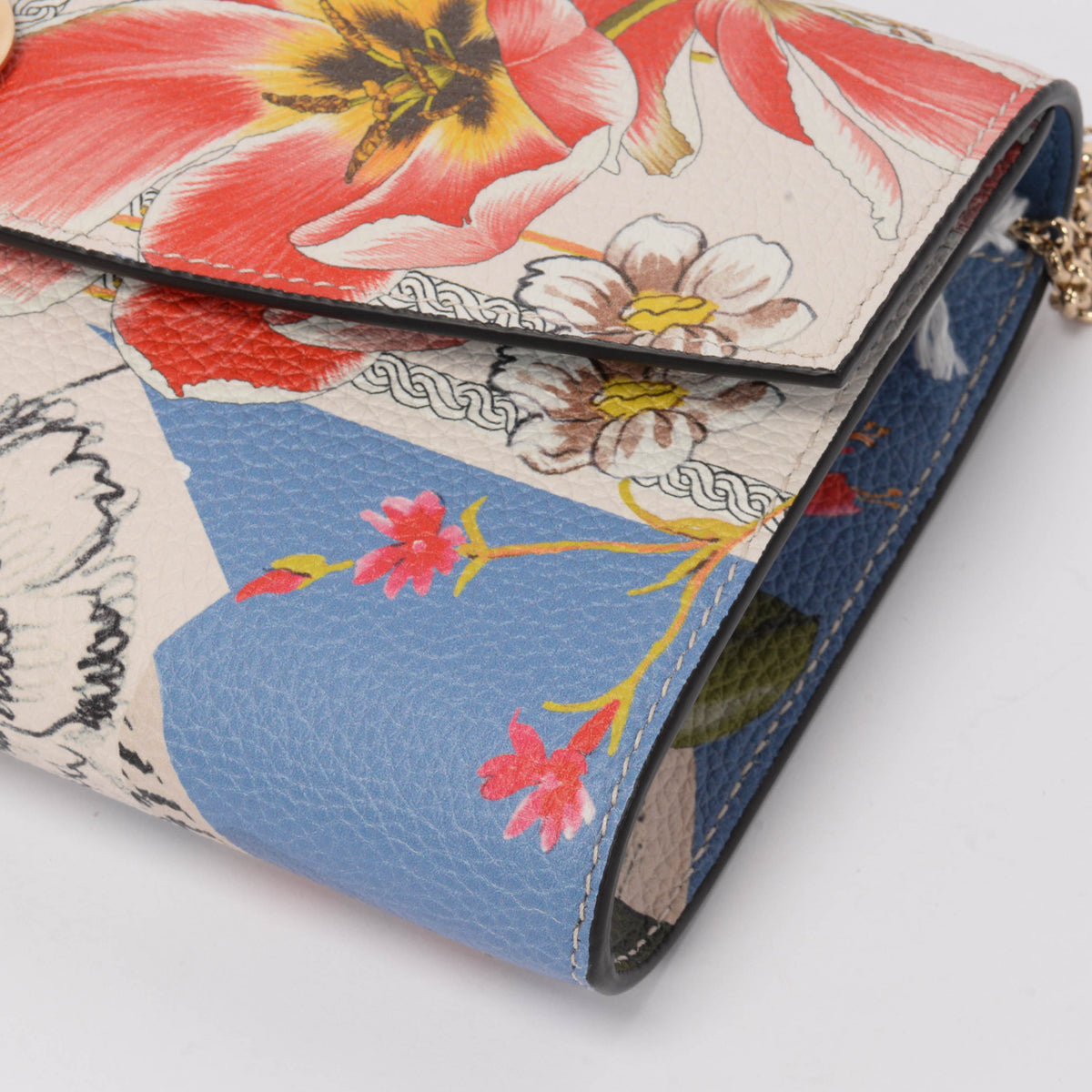 Ferragamo Floral Print Calfskin Gancini Chain Wallet