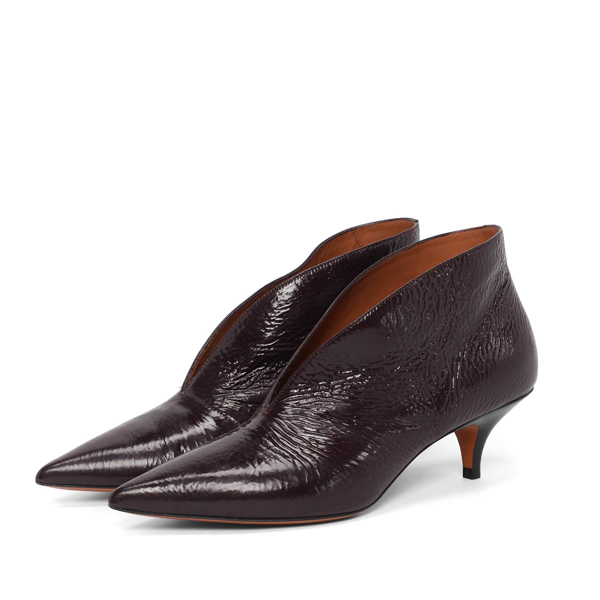 Celine Burgundy Crinkled Patent V-Neck Ankle Pumps 38