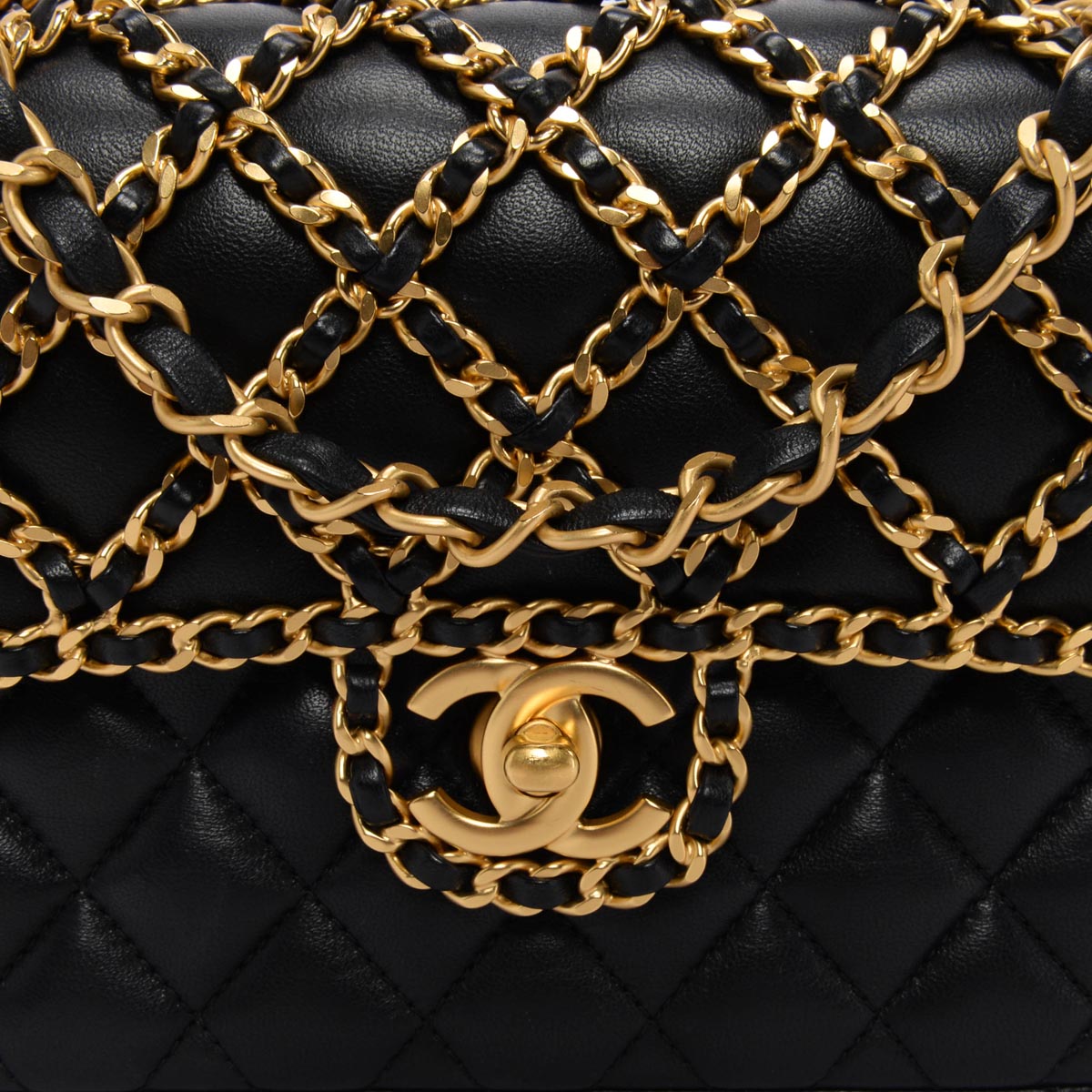 Chanel Black & Gold Lambskin Classic Woven Chain Flap Bag