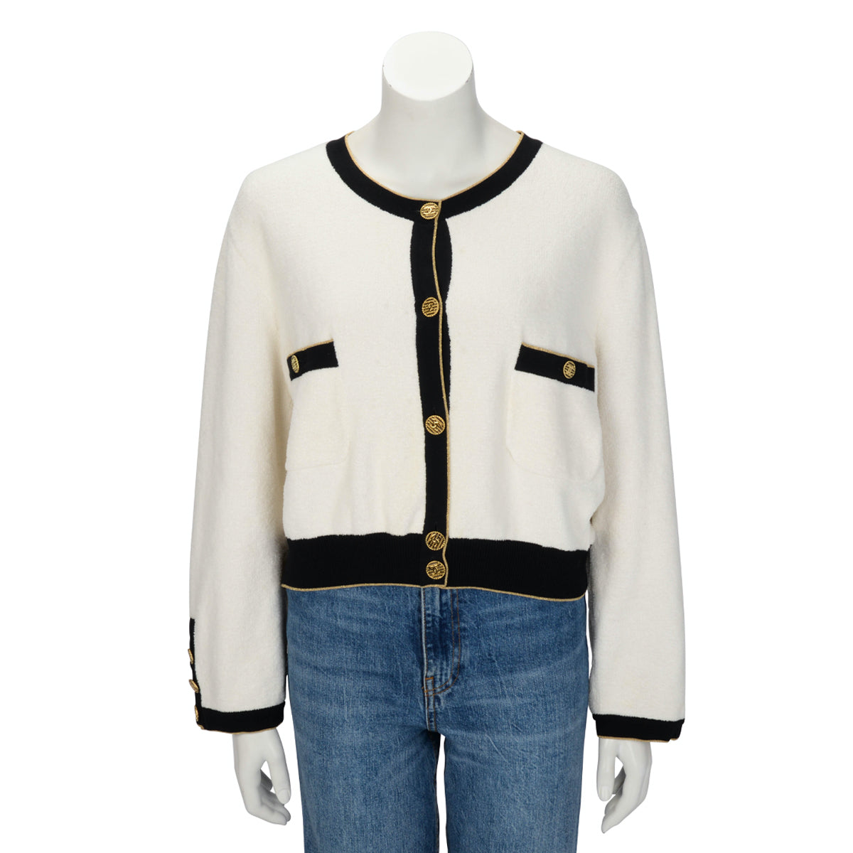 Chanel Ecru & Black Chenille Cropped Cardigan FR50