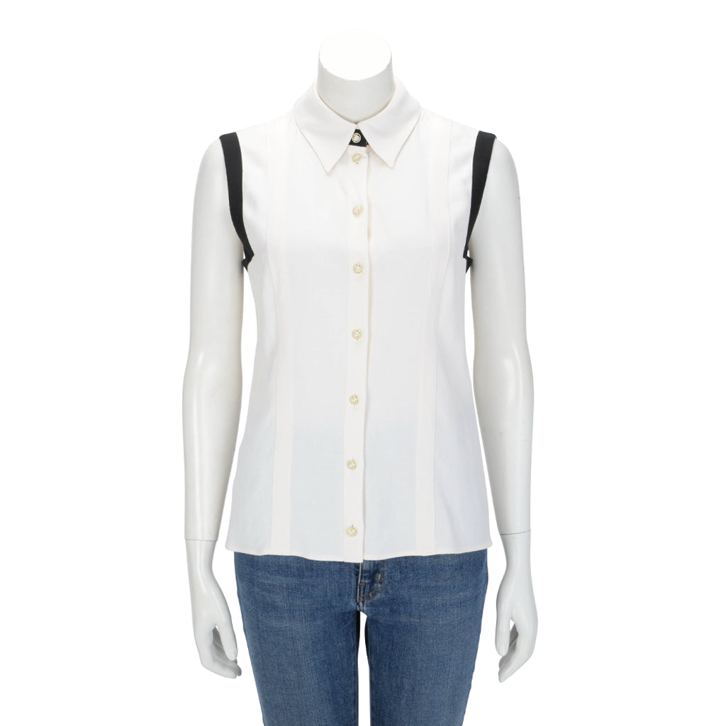 Chanel Ecru & Black Crepe Detail Trim Top FR 40