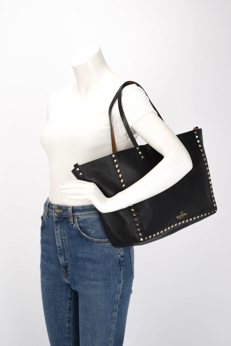 Valentino Black & Tan Grained Calfskin Reversible Rockstud Tote