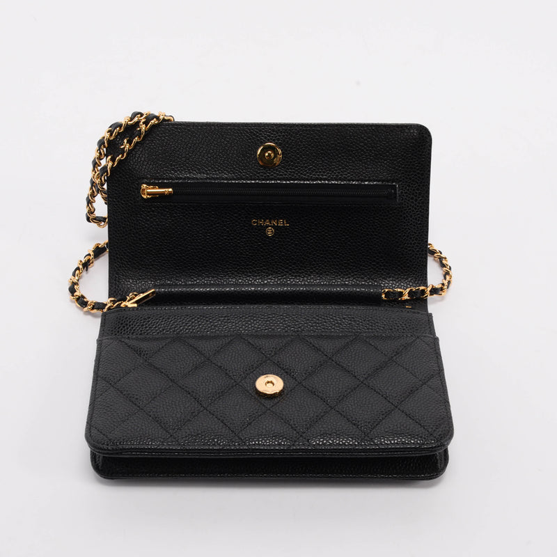 Chanel Black Caviar Classic Wallet On Chain - Blue Spinach