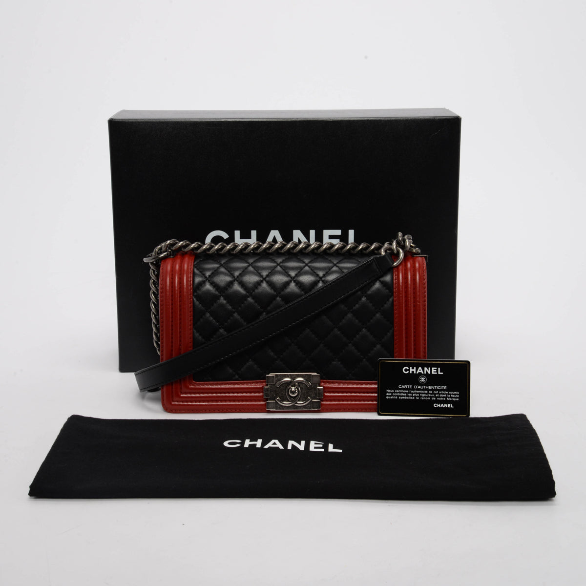 Chanel Black & Red Quilted Lambskin Medium Boy Bag