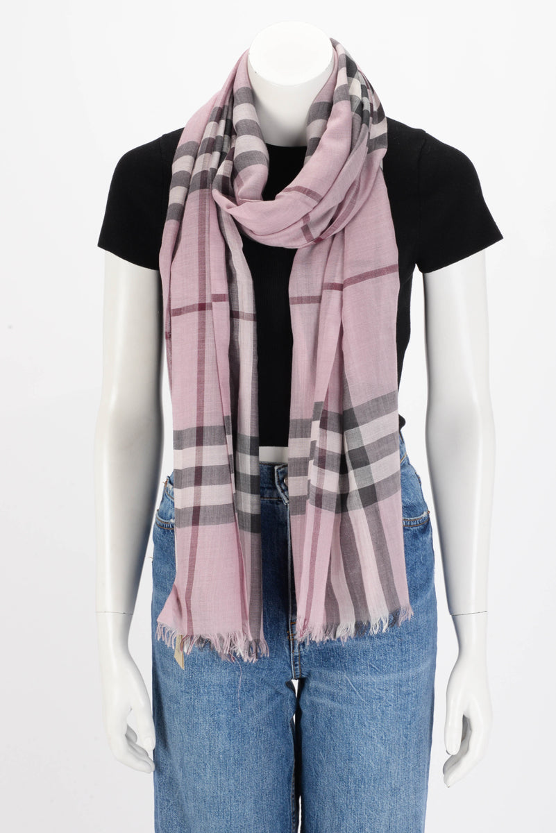 Burberry Pink Wool & Silk Check Fringed Scarf