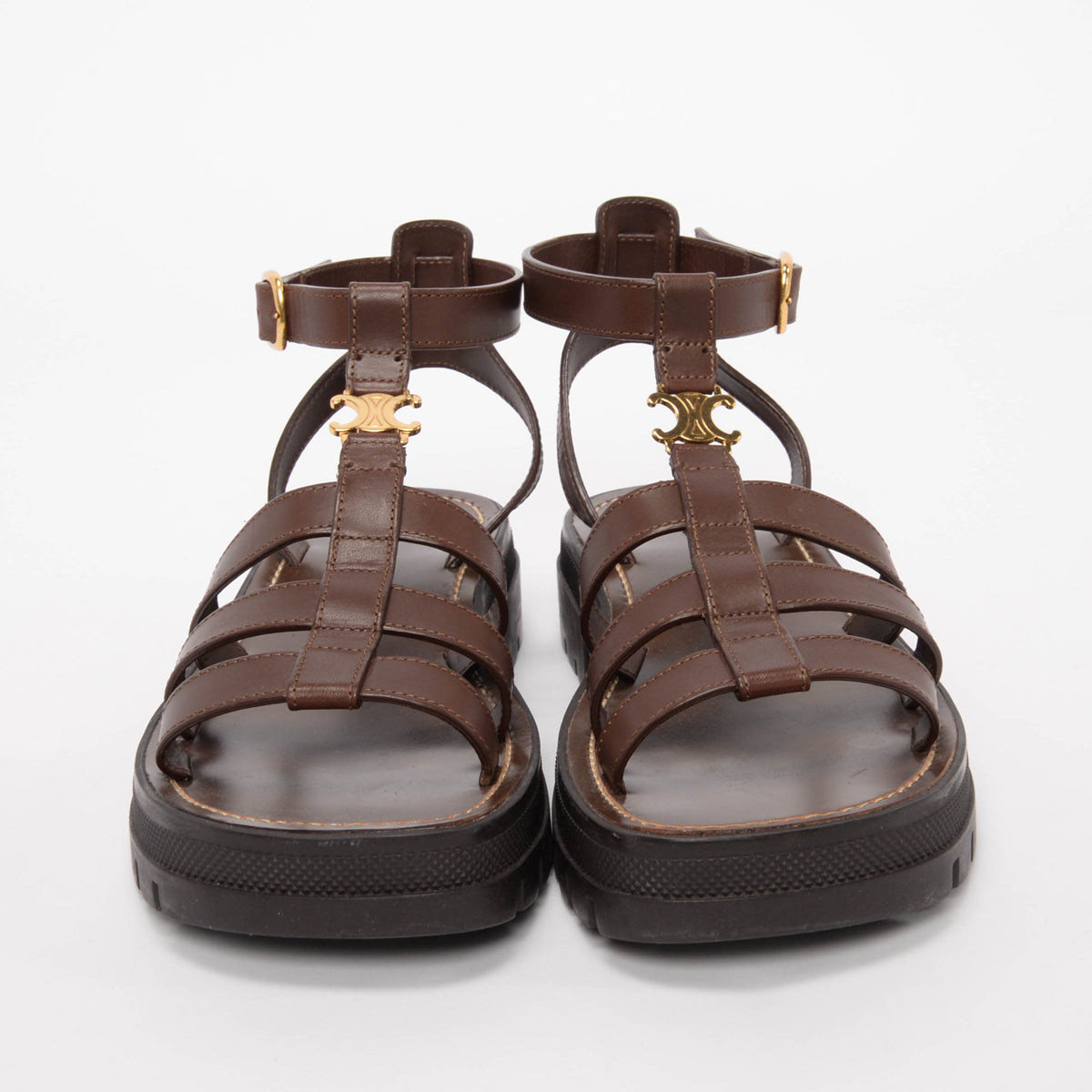Celine Dark Brown Calfskin Clea Triomphe Sandals 40