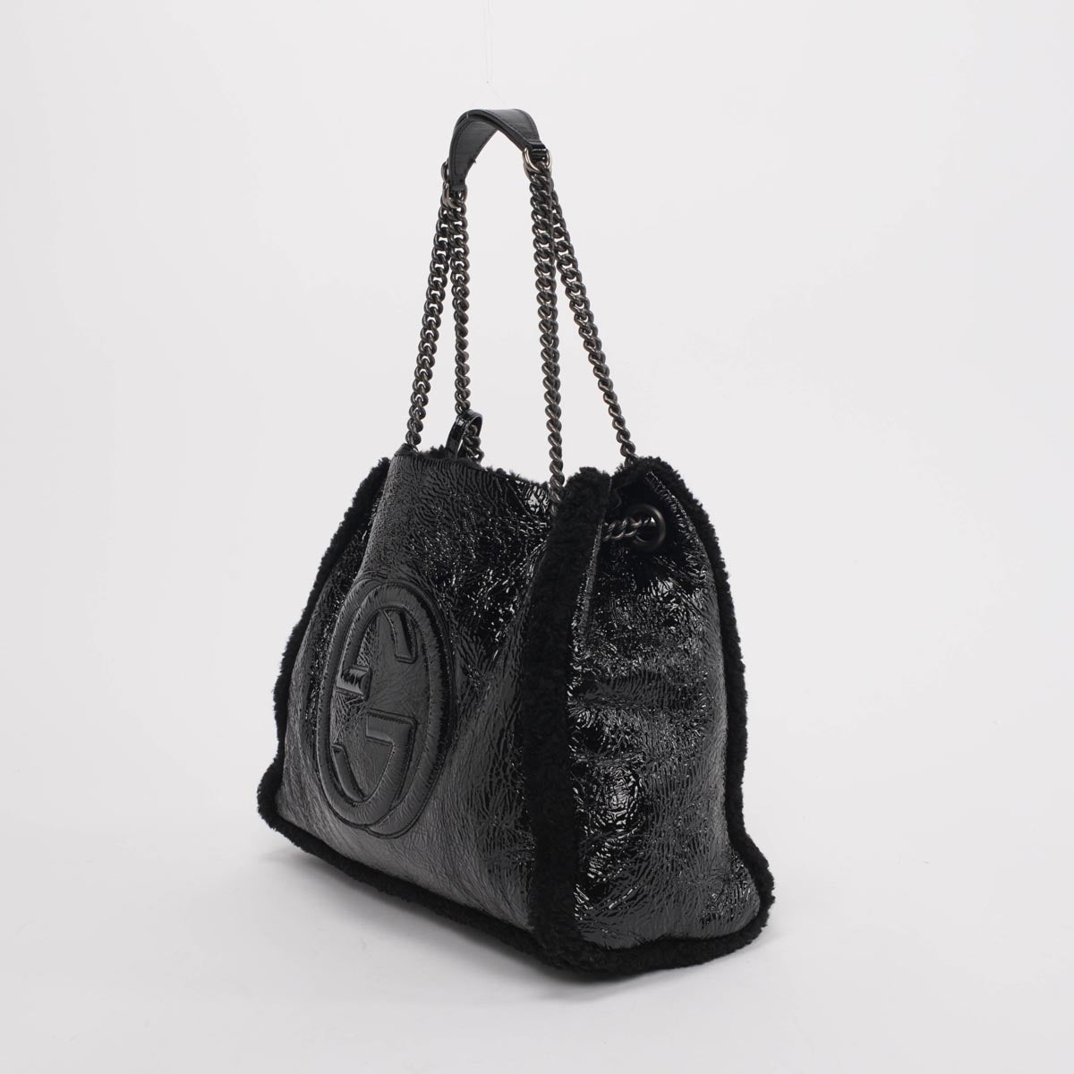 Gucci Black Patent Shearling Soho Chain Shoulder Bag
