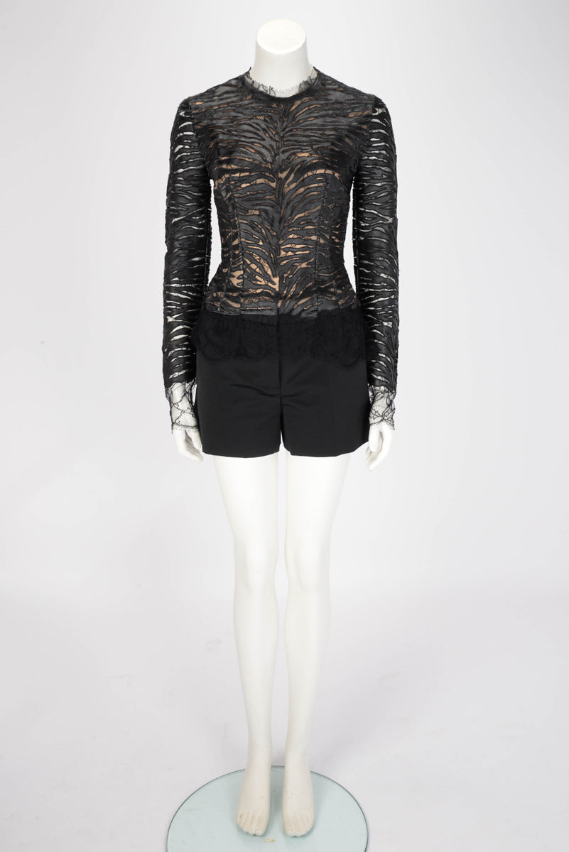 Alexandre Vauthier Black Lambskin & Lace Long Sleeve Top FR 36