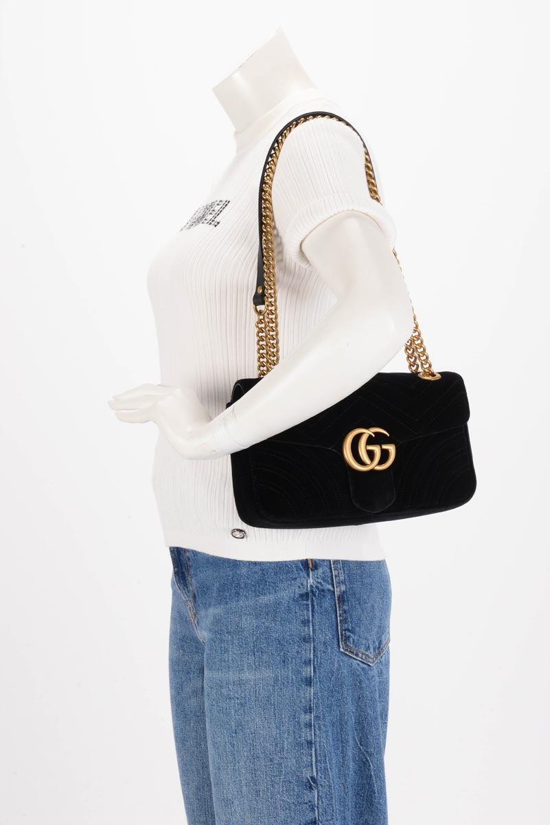 Gucci Black Velvet Matelasse Small GG Marmont Bag