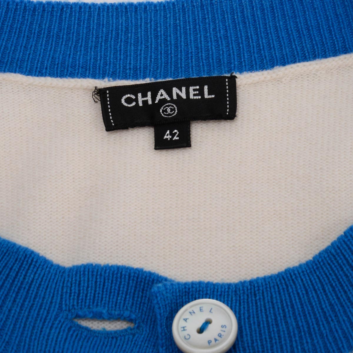 Chanel Cream & Blue Cashmere 19S Logo Cardigan FR 42