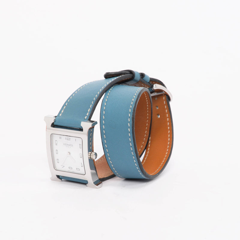 Hermes Blue Jean Swift Heure H Medium Model Watch - Blue Spinach
