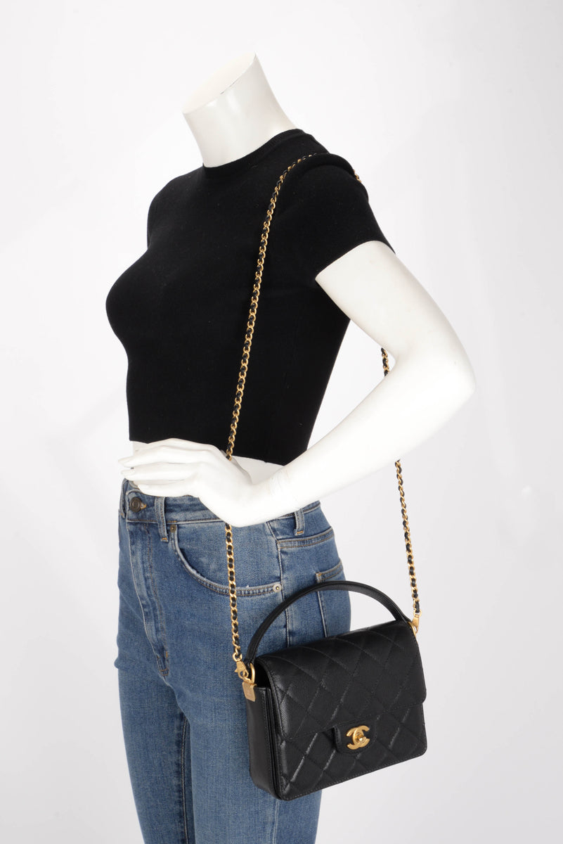 Chanel Black Quilted Caviar Flap Bag with Top Handle