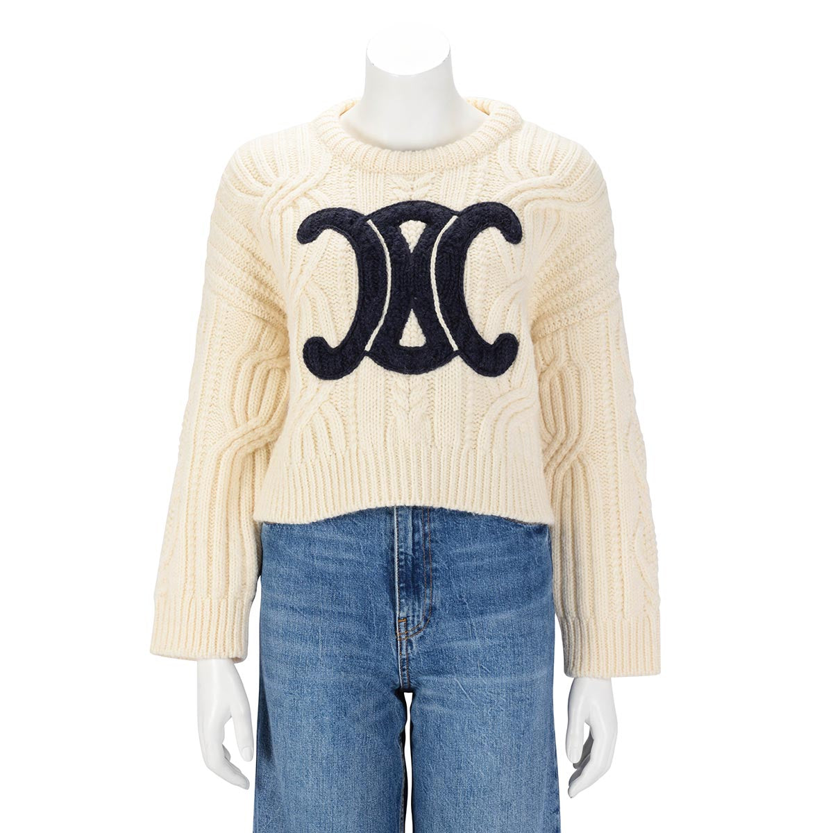 Celine Ecru Cable Knit Triomphe Cropped Sweater M