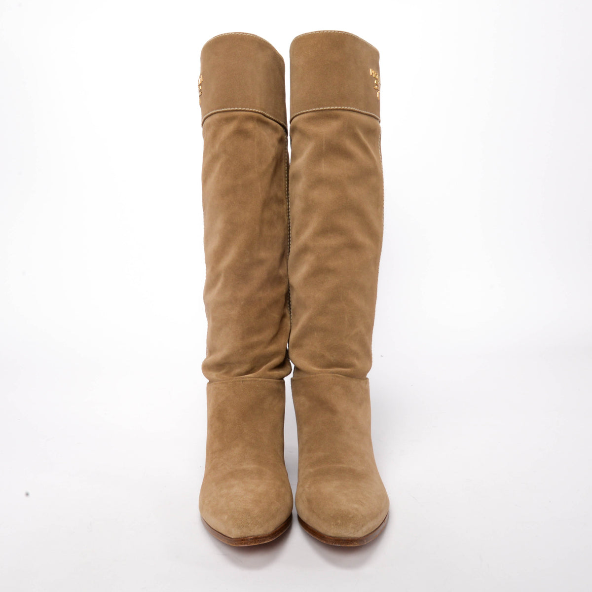 Prada Sand Suede Knee High Flat Boots 38