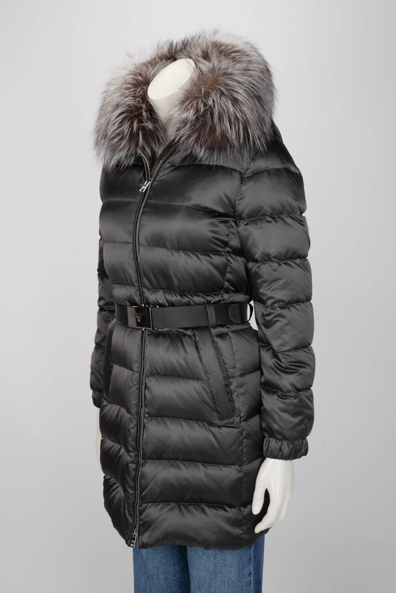 Prada Grey Nylon Belted Fur Trim Hood Puffer Jacket IT 40