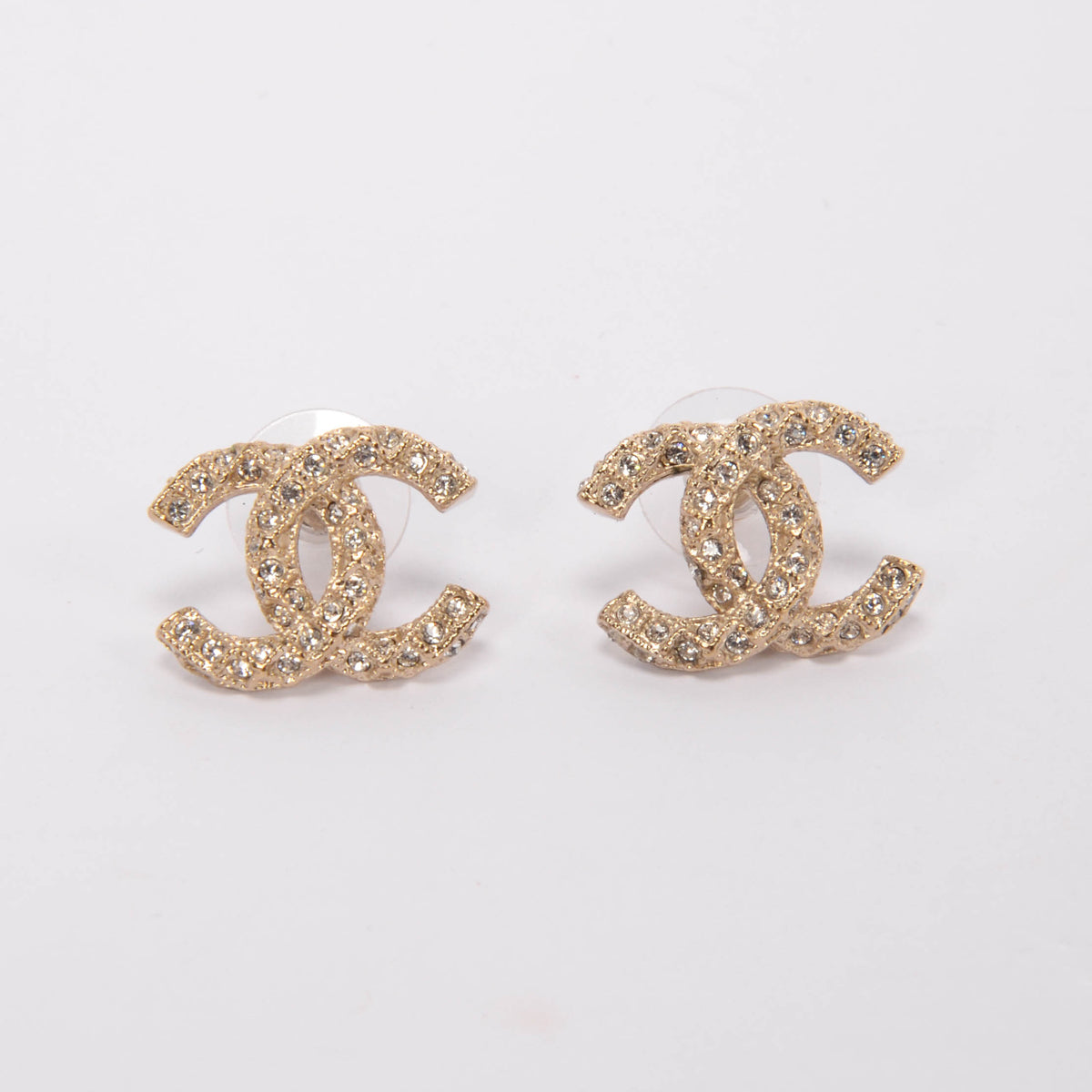 Chanel Light Gold Crystal CC Stud Earrings