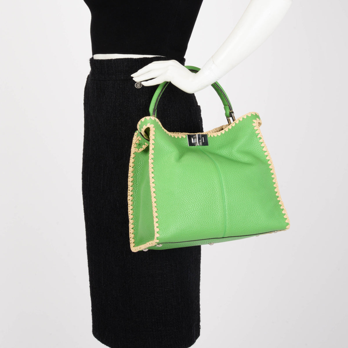 Fendi Lime Calfskin & Raffia Medium Peekaboo X-Lite Bag