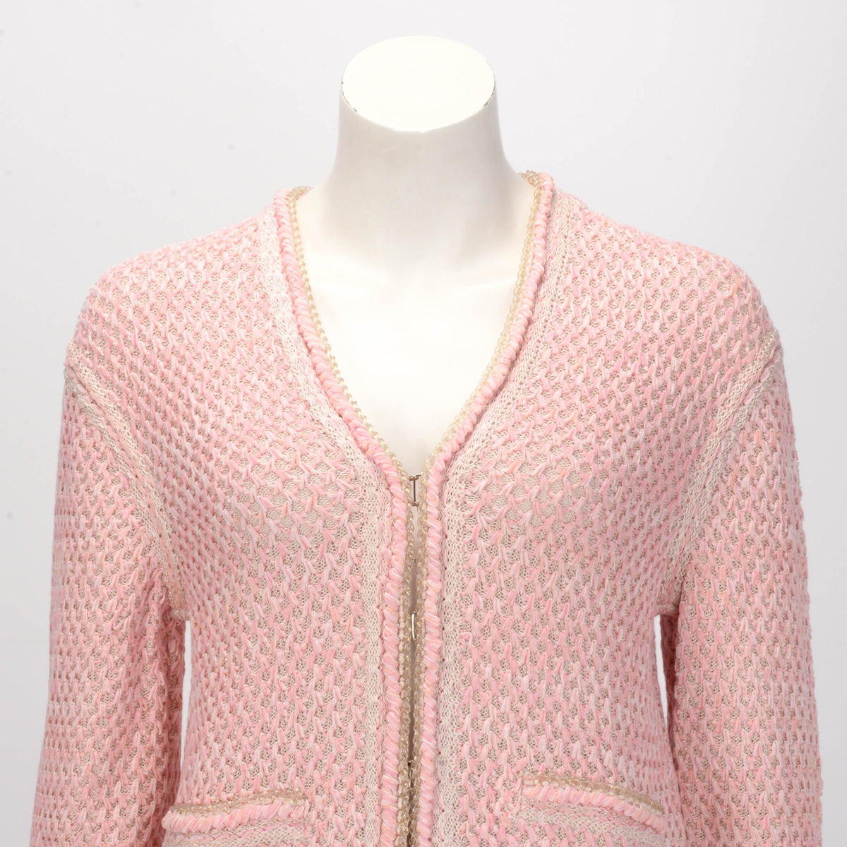 Chanel Pink Diamond Knit Braided Trim Cardigan FR 34