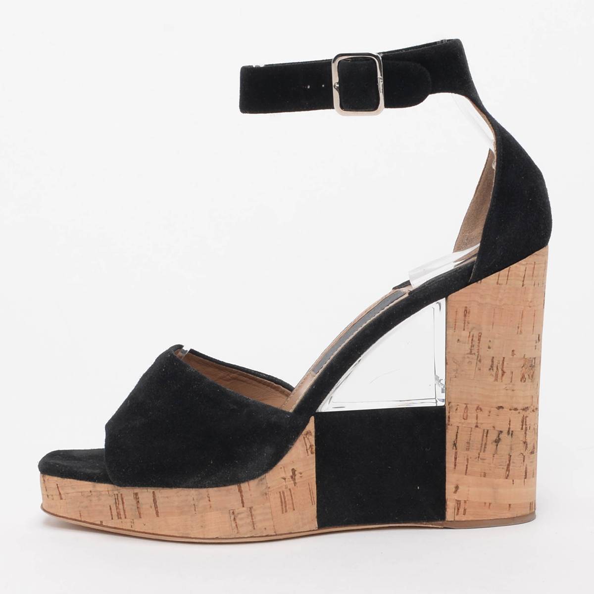 Ferragamo Black Suede Pert Cork Wedges 7.5