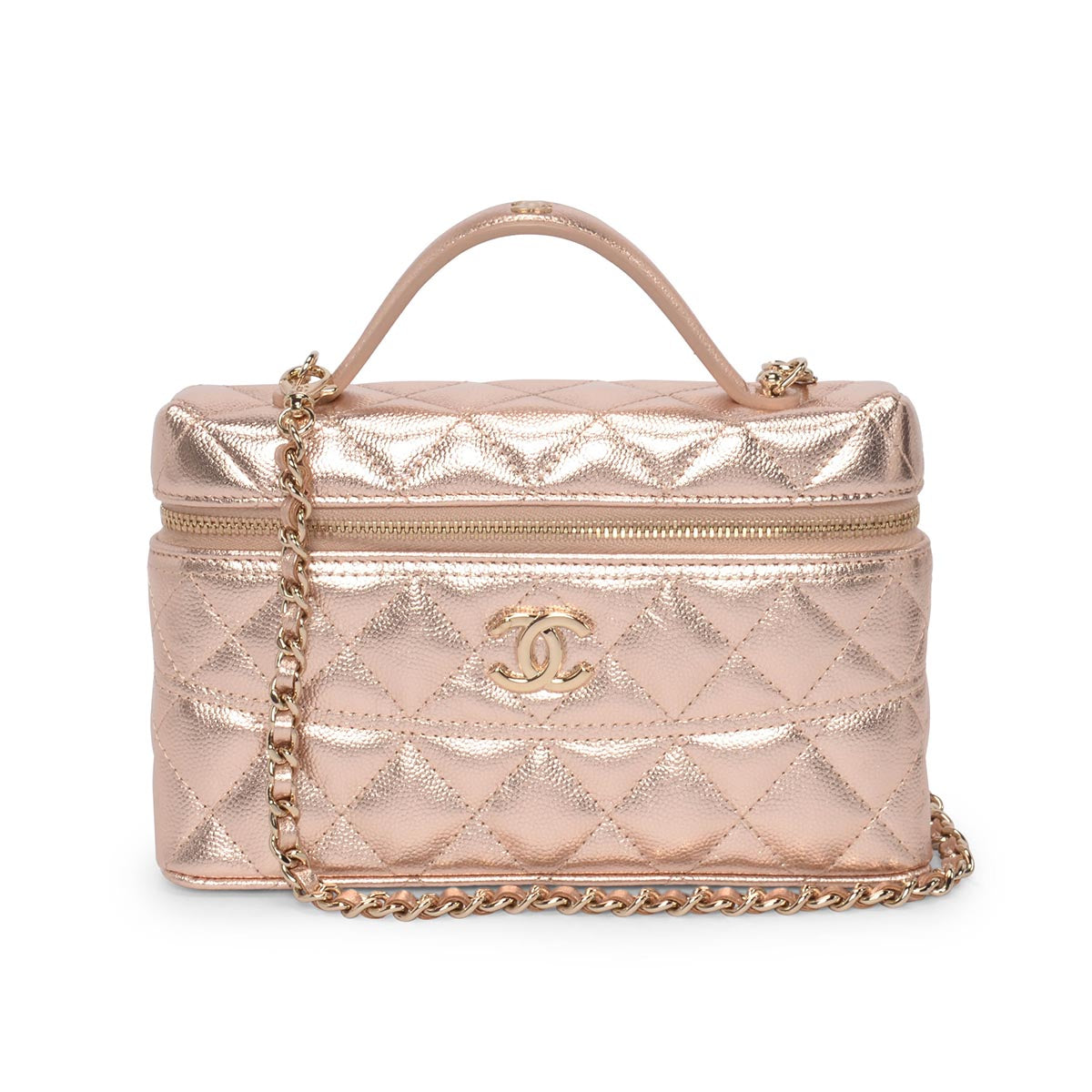 Chanel Rose Gold Quilted Caviar Top Handle Slim Vanity Case