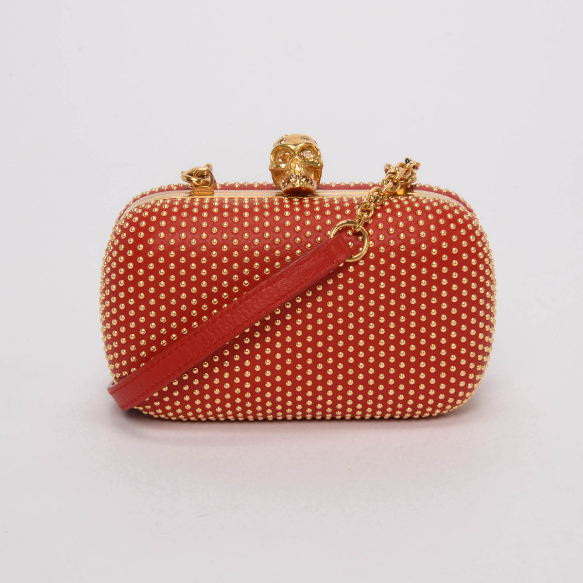 Alexander McQueen Red Studded Leather Skull Clutch + Chain