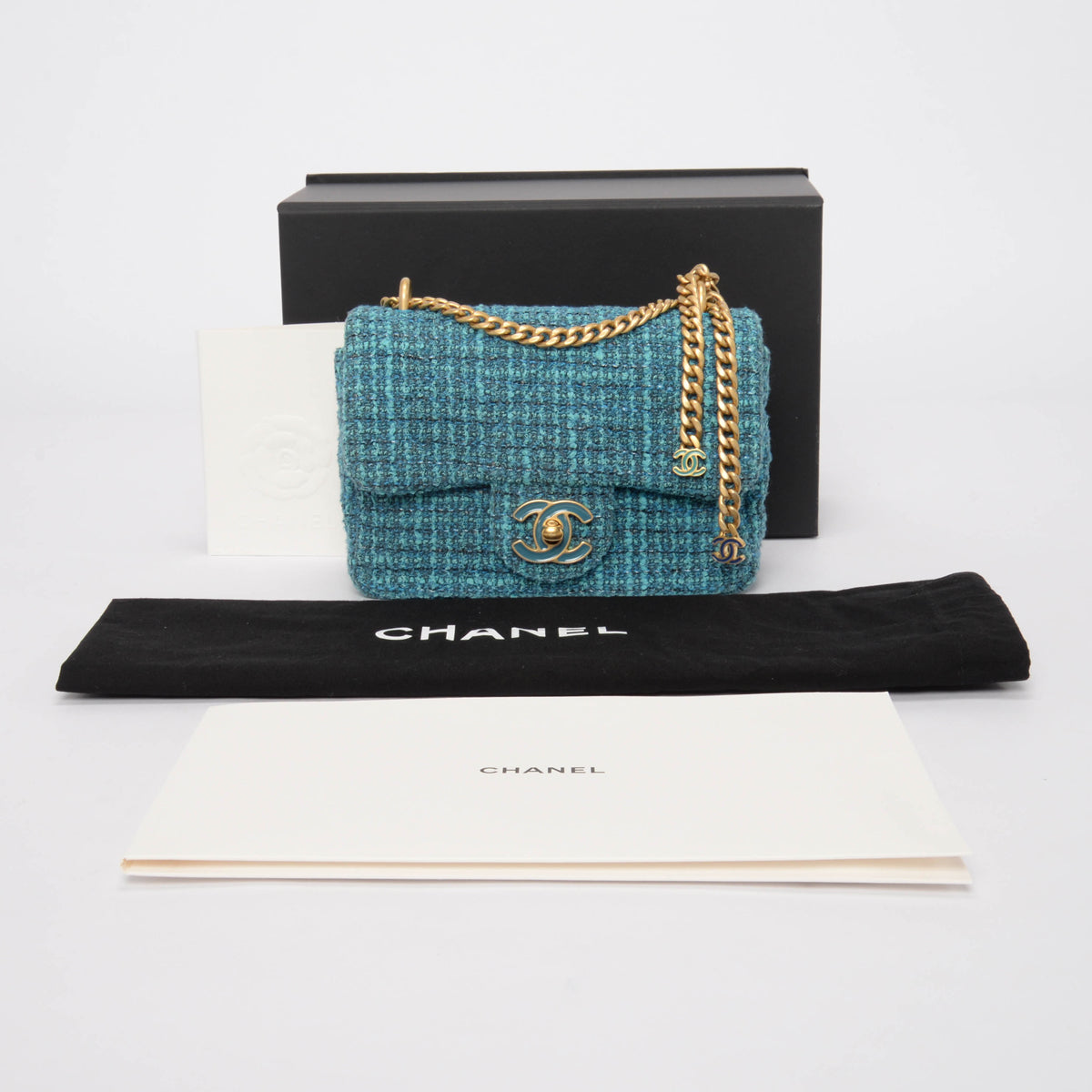 Chanel Teal Tweed CC Tassel Mini Bag