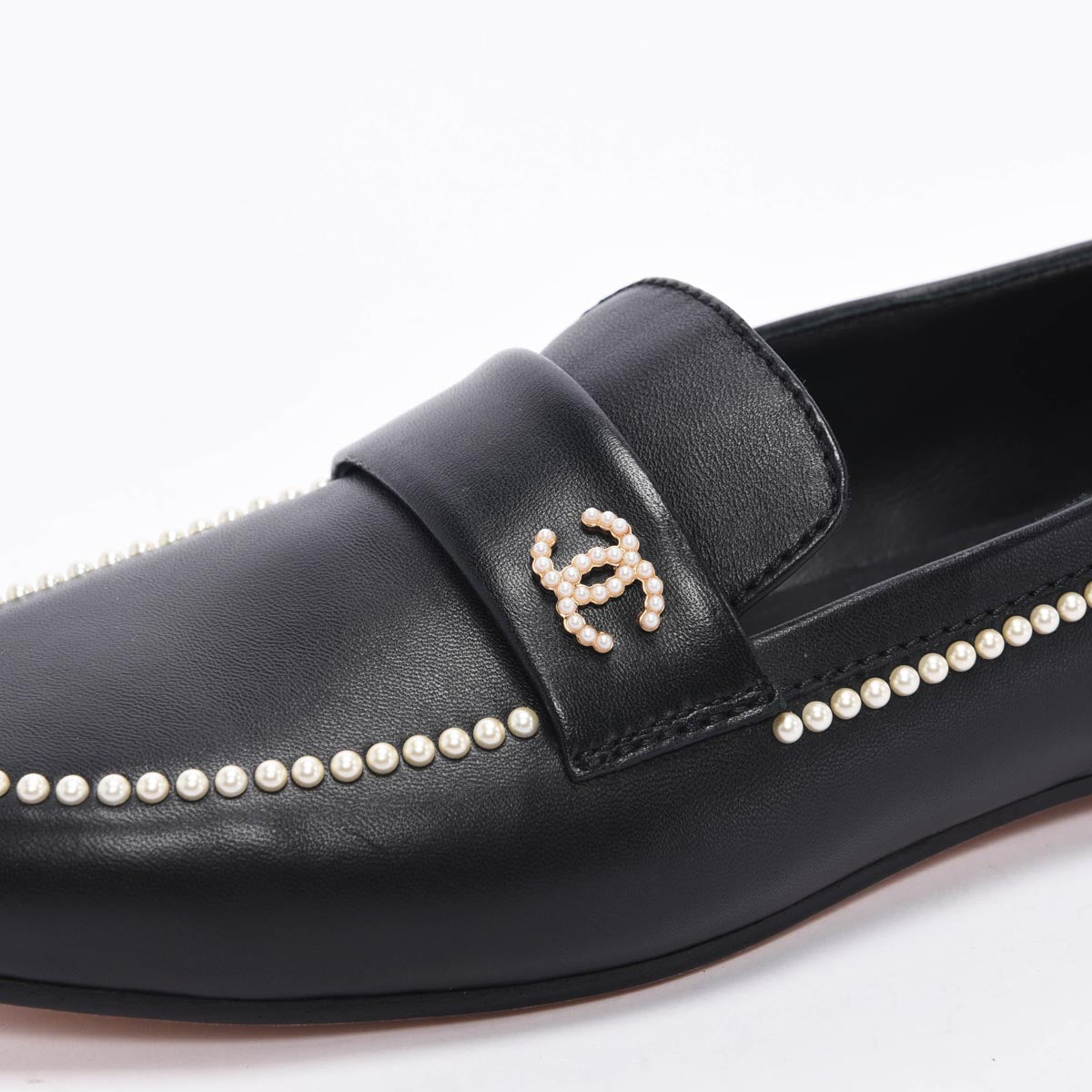 Chanel Black Lambskin Pearl CC Loafers 42