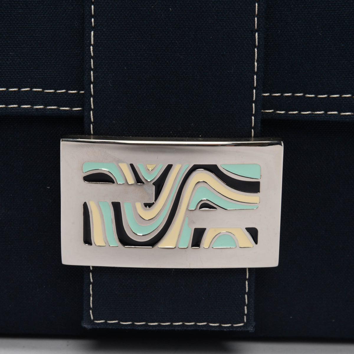 Fendi Navy Cotton Drill Enamel Clasp Baguette Bag