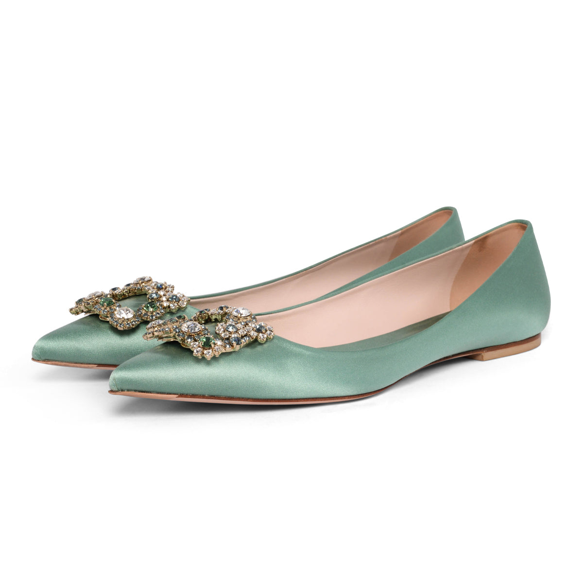 Roger Vivier Sage Green Satin Efflorescence Ballerina Flats 41.5