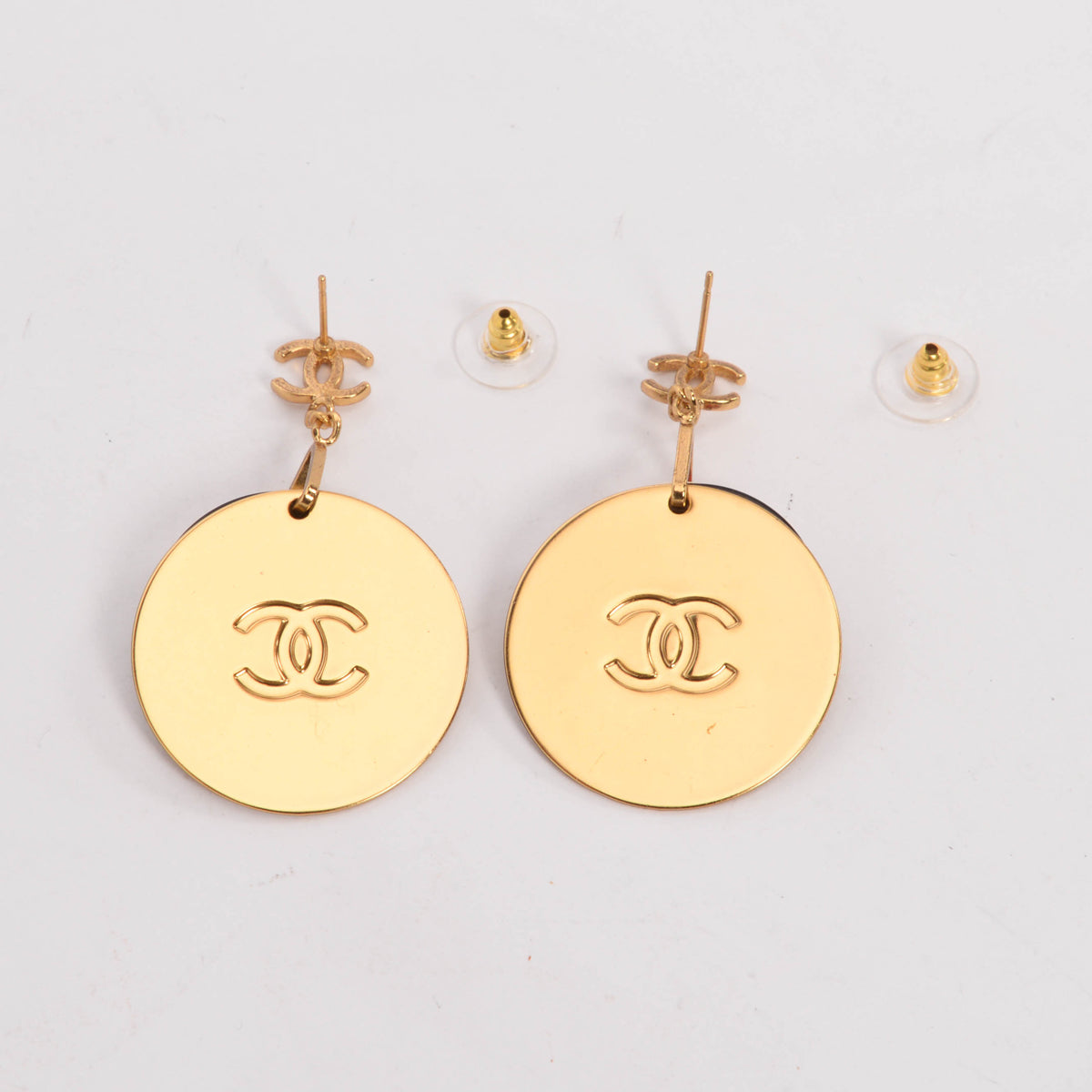 Chanel Gold Enamel CC Disc Drop Earrings