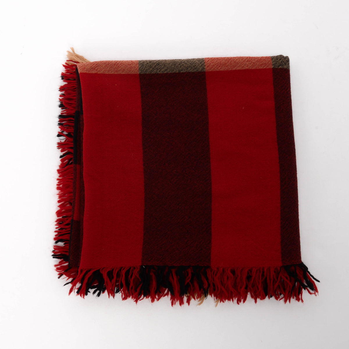 Burberry Red Wool Crepe Check Fringed Scarf
