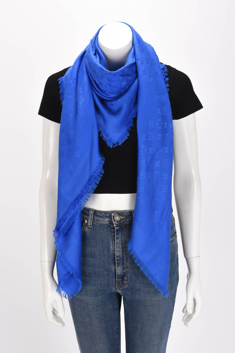 Louis Vuitton Blue Silk & Wool Monogram Classic Fringed Shawl