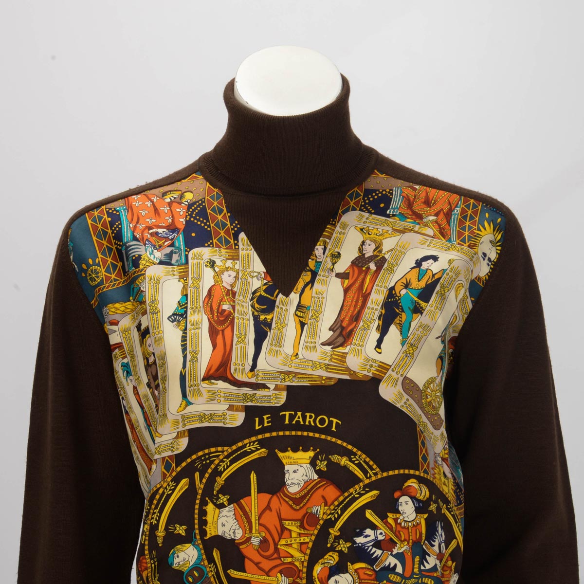 Hermes Brown Wool Le Tarot Silk Scarf Sweater FR 40
