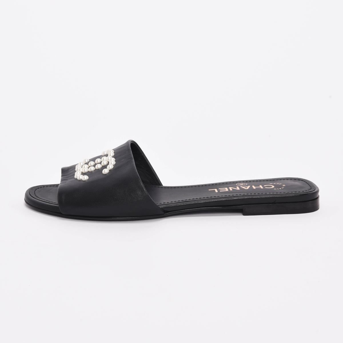 Chanel Black Lambskin CC Pearl Slides 38.5