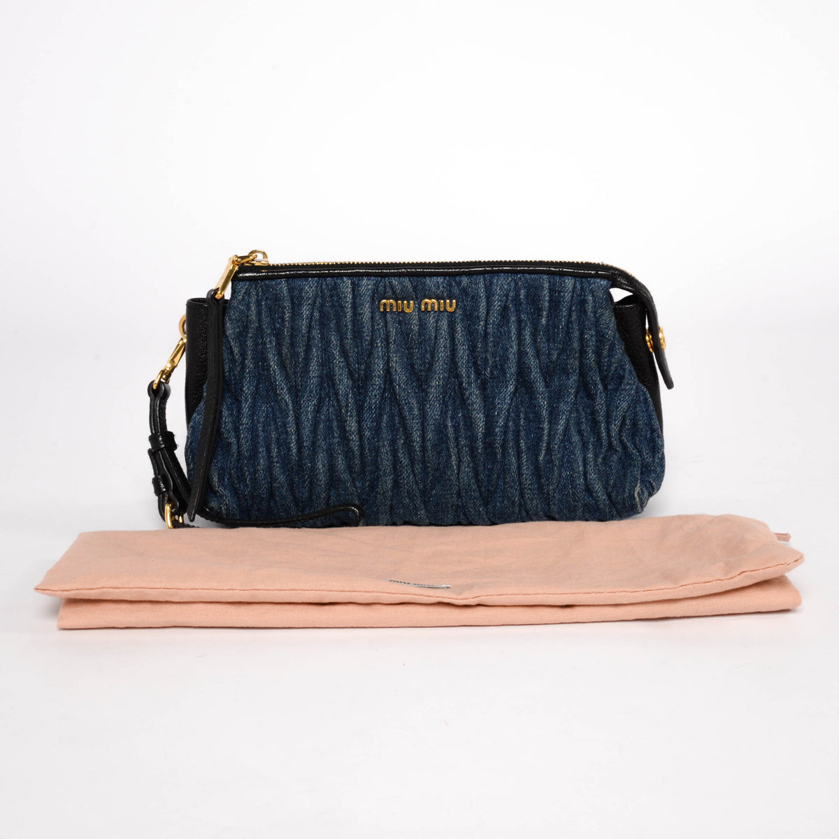 Miu Miu Washed Blue Matelasse Denim Wristlet Pouch