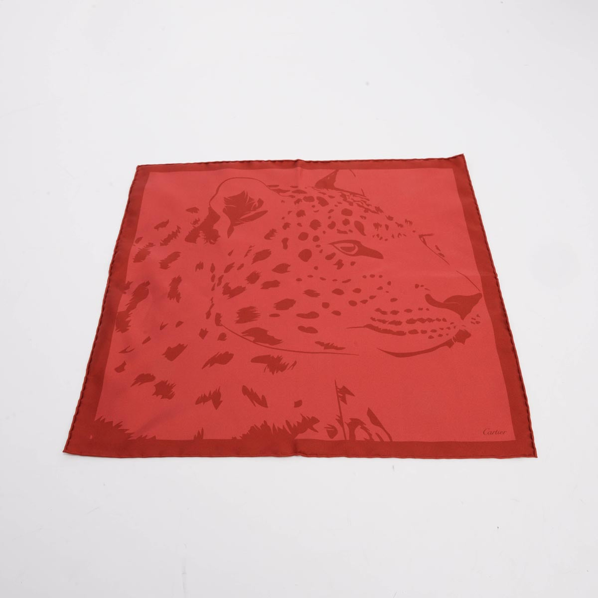 Cartier Red Silk Panther Head Motif Scarf 42