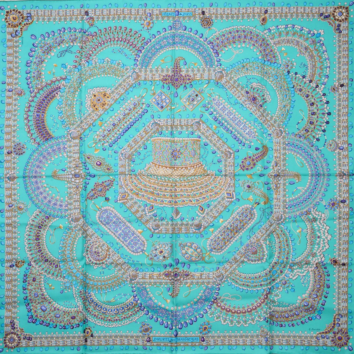 Hermes Turquoise Silk Parures des Maharajas Scarf