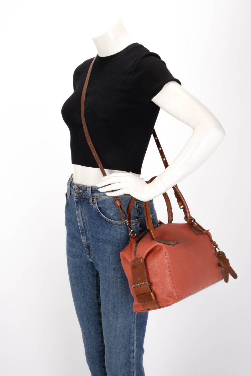 Henry Beguelin Brick and Tan Calfskin Top Stitched Shoulder Bag