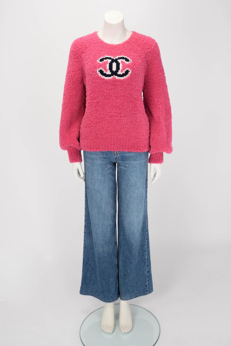 Chanel Pink Wool CC Teddy Sweater FR 44