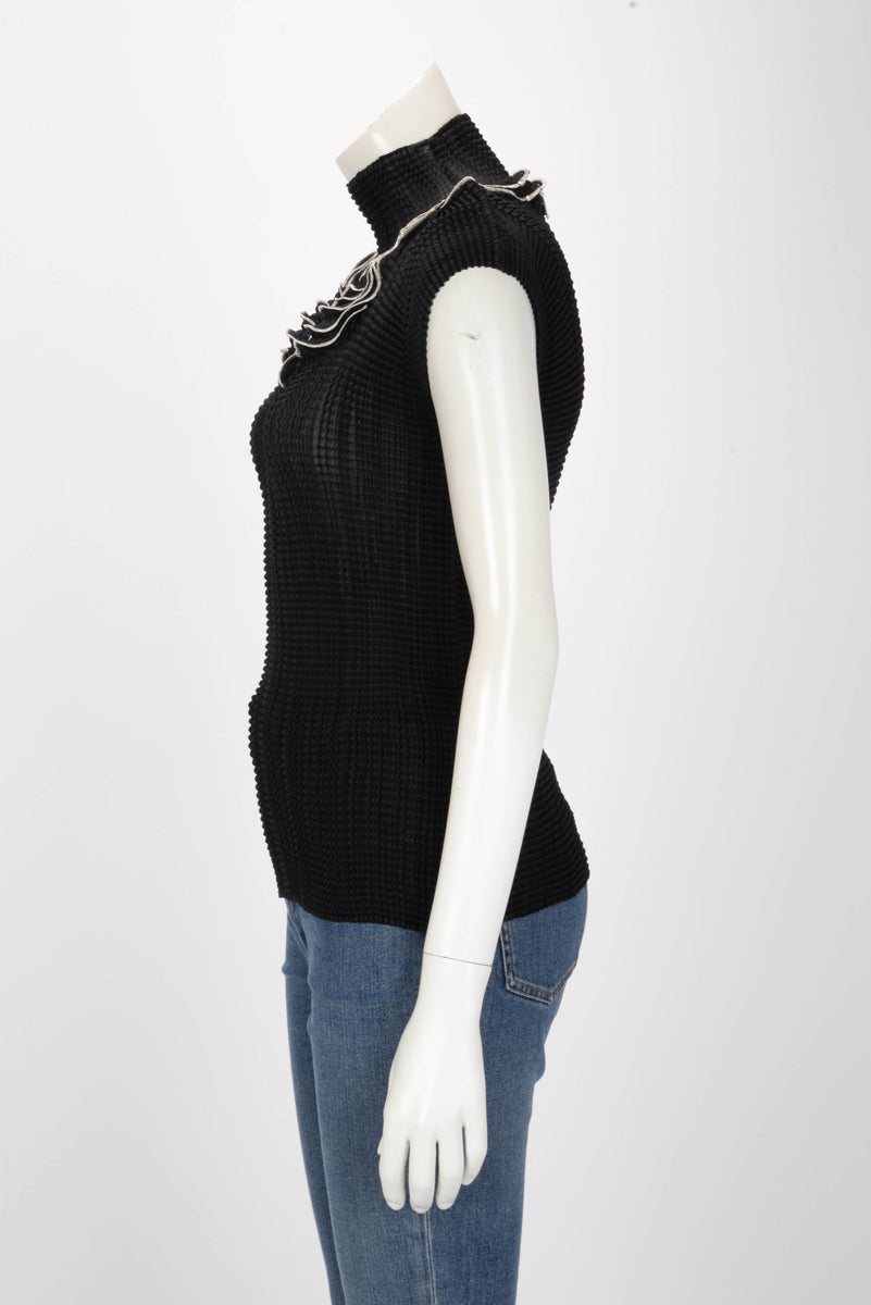Issey Miyake Fete Black Ribbon Pleated Ruffle Collar Top