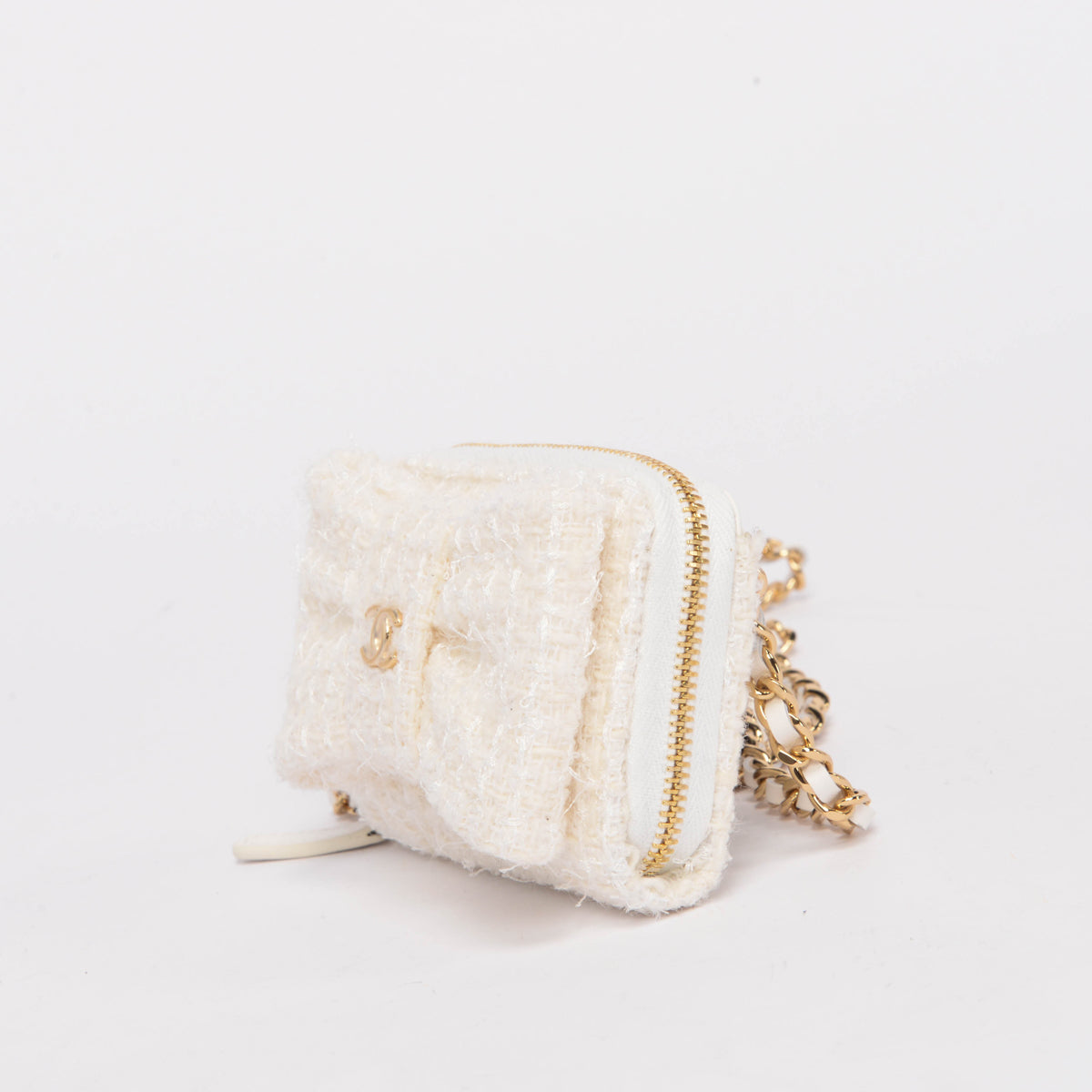 Chanel Cream Tweed CC Bow Card Holder on Chain