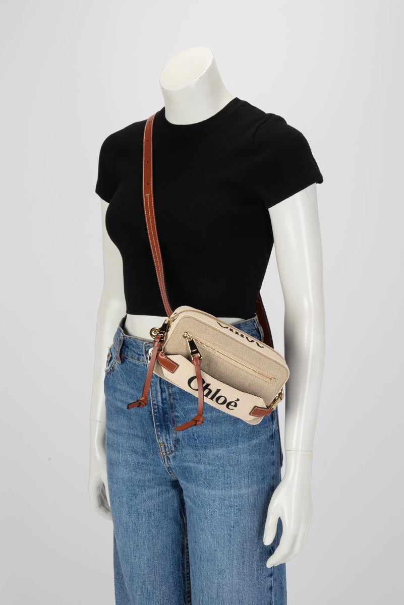 Chloe Sepia Brown Leather & Canvas Woody Belt Bag