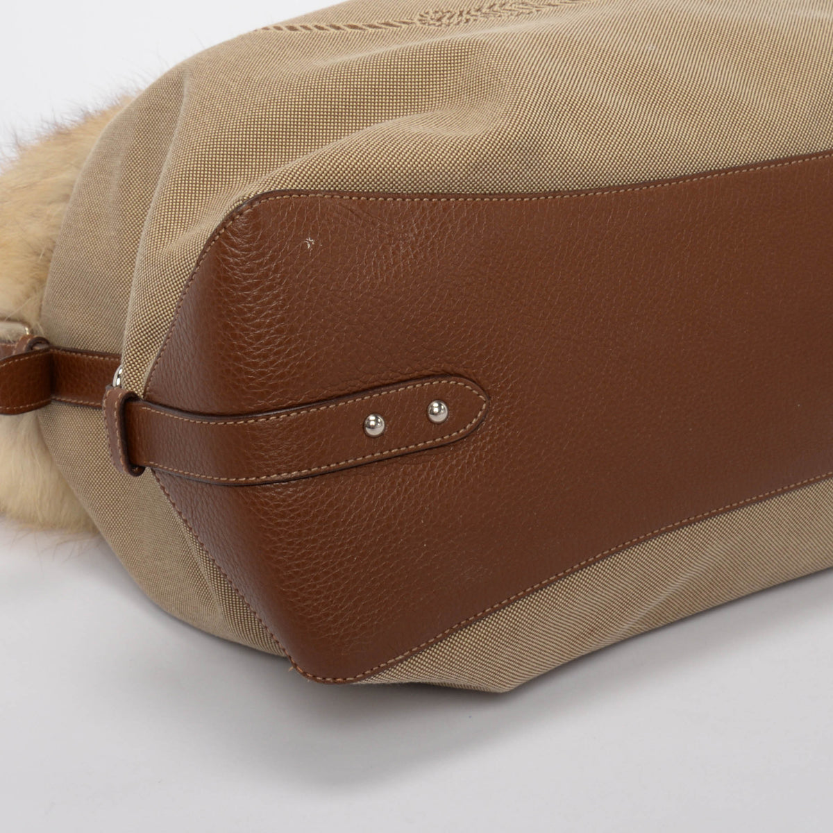 Prada Beige Logo Jacquard and Fur Hobo Bag