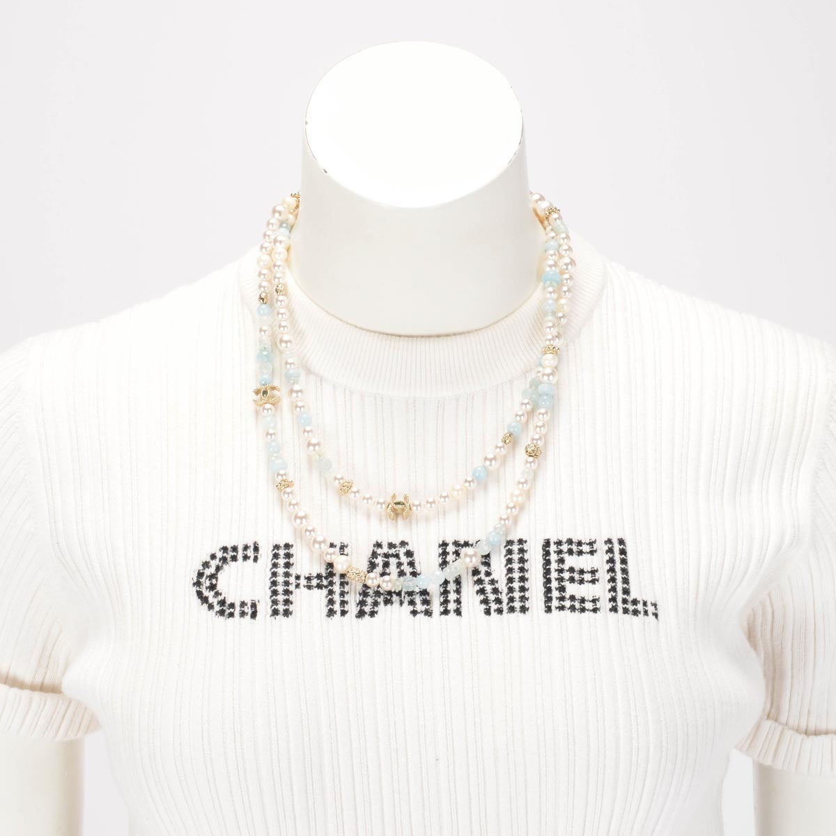 Chanel Aquamarine Crystal & Pearl Long Necklace