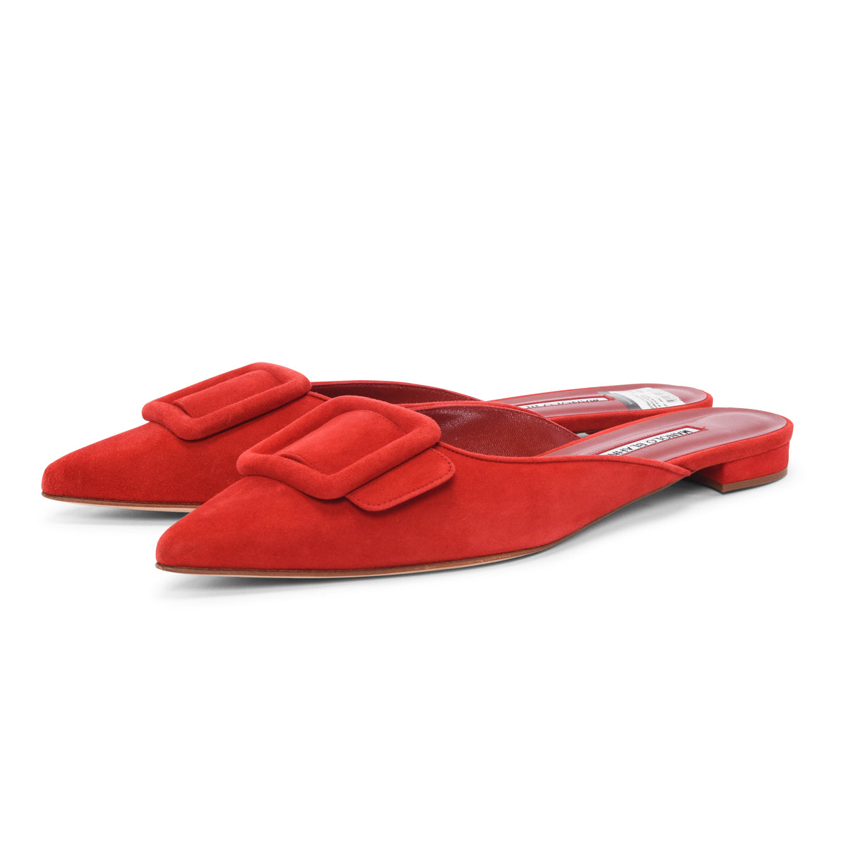 Manolo Blahnik Red Suede Maysale Buckle Mules 40