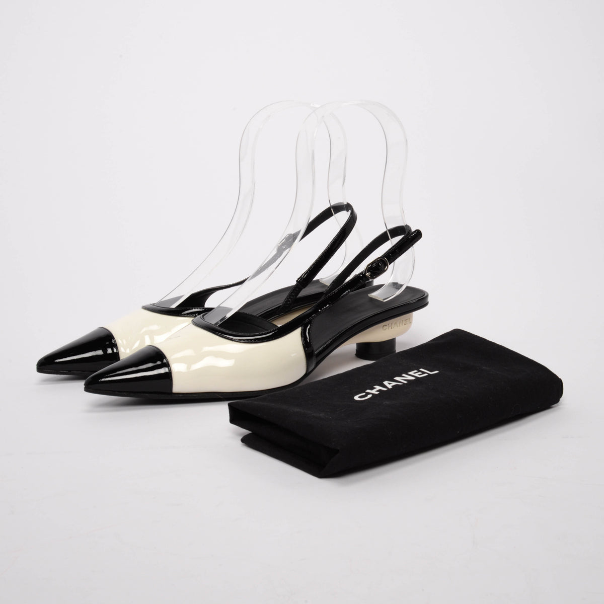 Chanel Black & White Patent Cap Toe Slingback Pumps 39.5