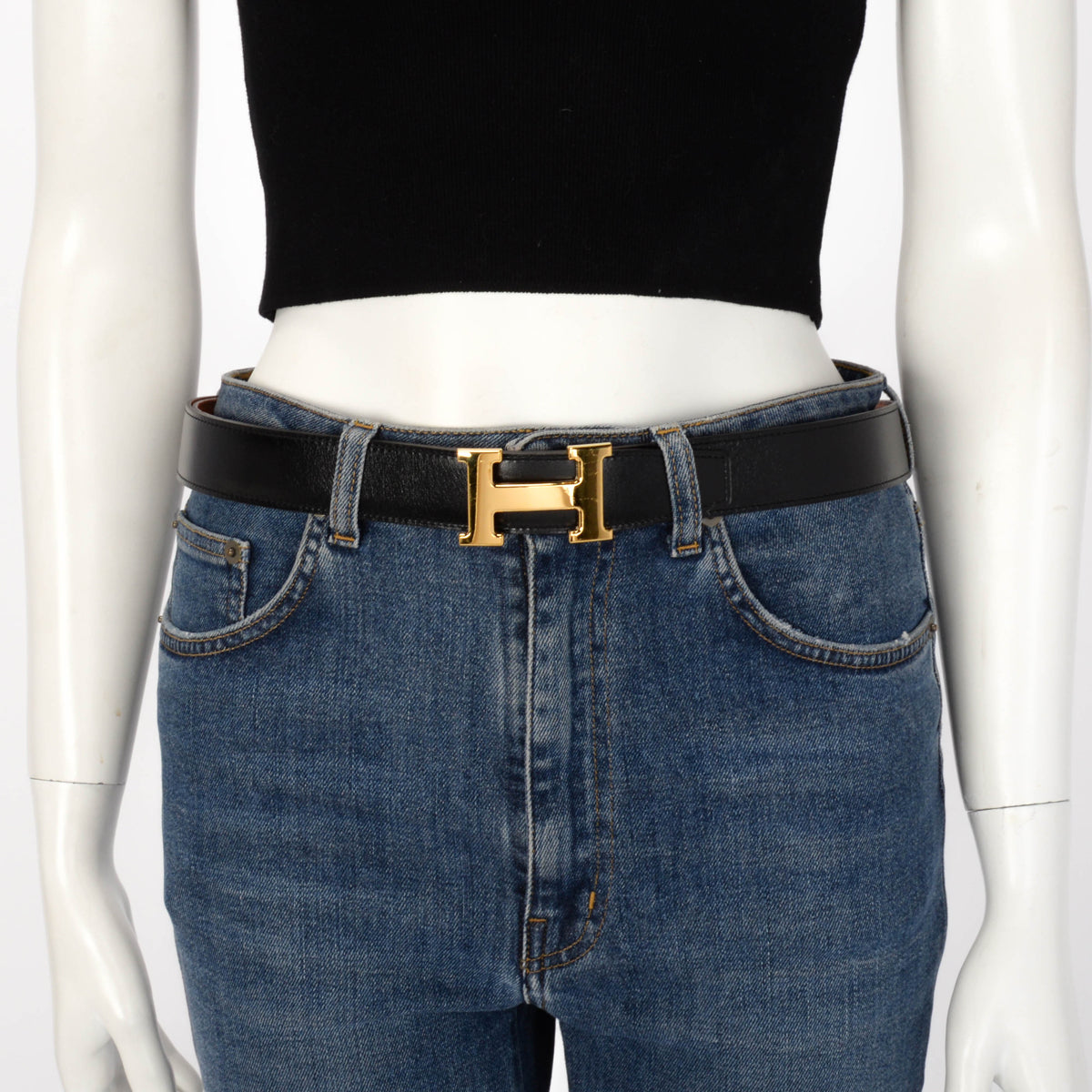 Hermes Black & Orange Box Calf & Togo Reversible H Buckle Belt