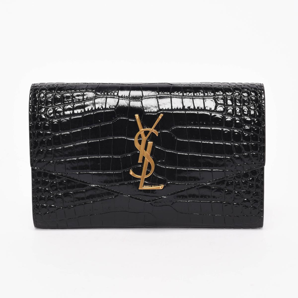 Saint Laurent Black Croc Embossed Uptown Chain Wallet