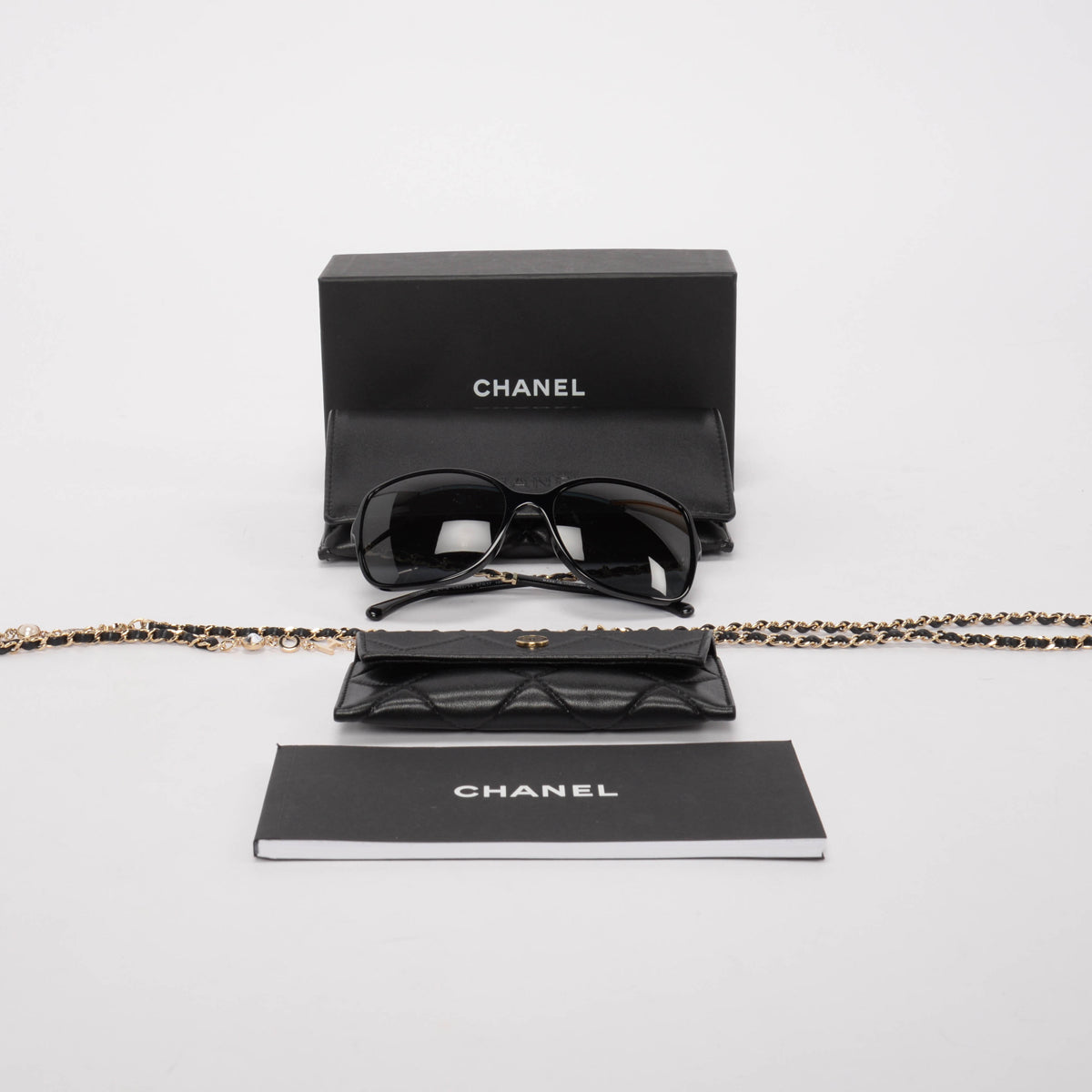 Chanel Black Square Frame Sunglasses With Chain
